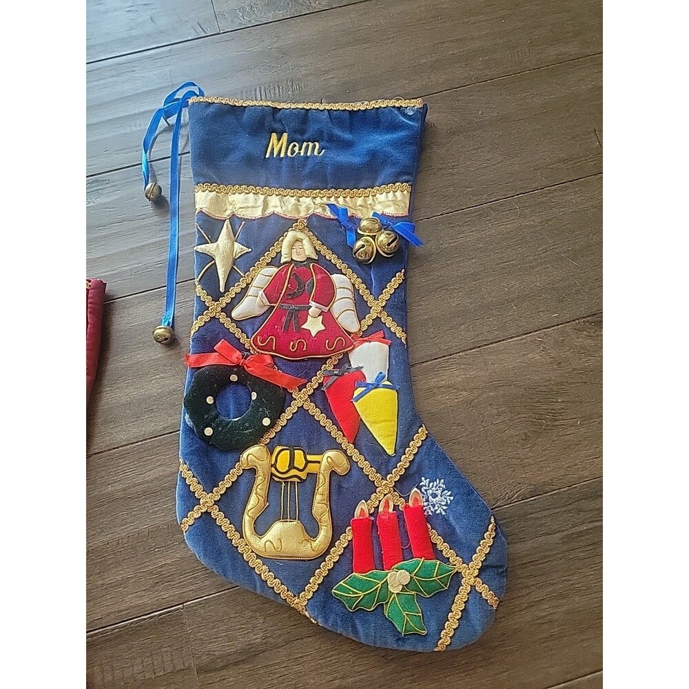 Vintage Velvet Christmas Stocking Lot Dad Mom Gold Braid 3D Applique Kitsch Pair - Picture 3 of 3